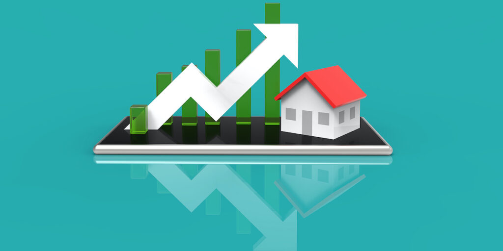 Eine 3D-Illustration zeigt ein Mobiltelefon mit einem Geschäftsdiagramm und einem Haus darauf. Das Bild symbolisiert das Konzept des Immobilienwachstums und die Verbindung zwischen Technologie und Immobilieninvestitionen.